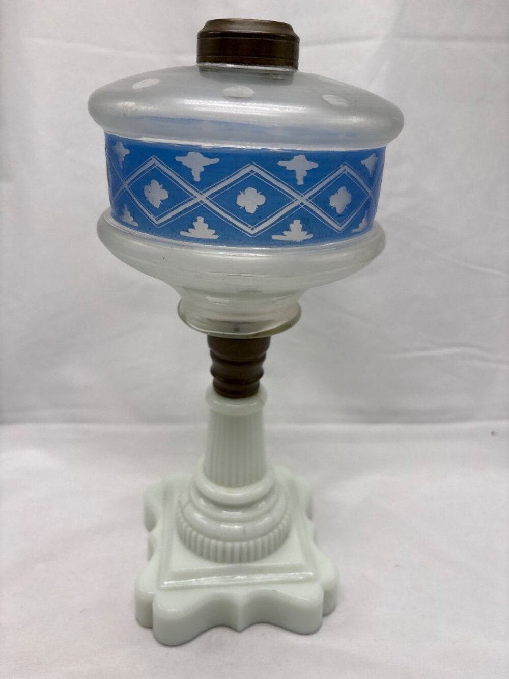1880s Atterbury Blue & White Milk Glass Oil Lamp Brass Accents